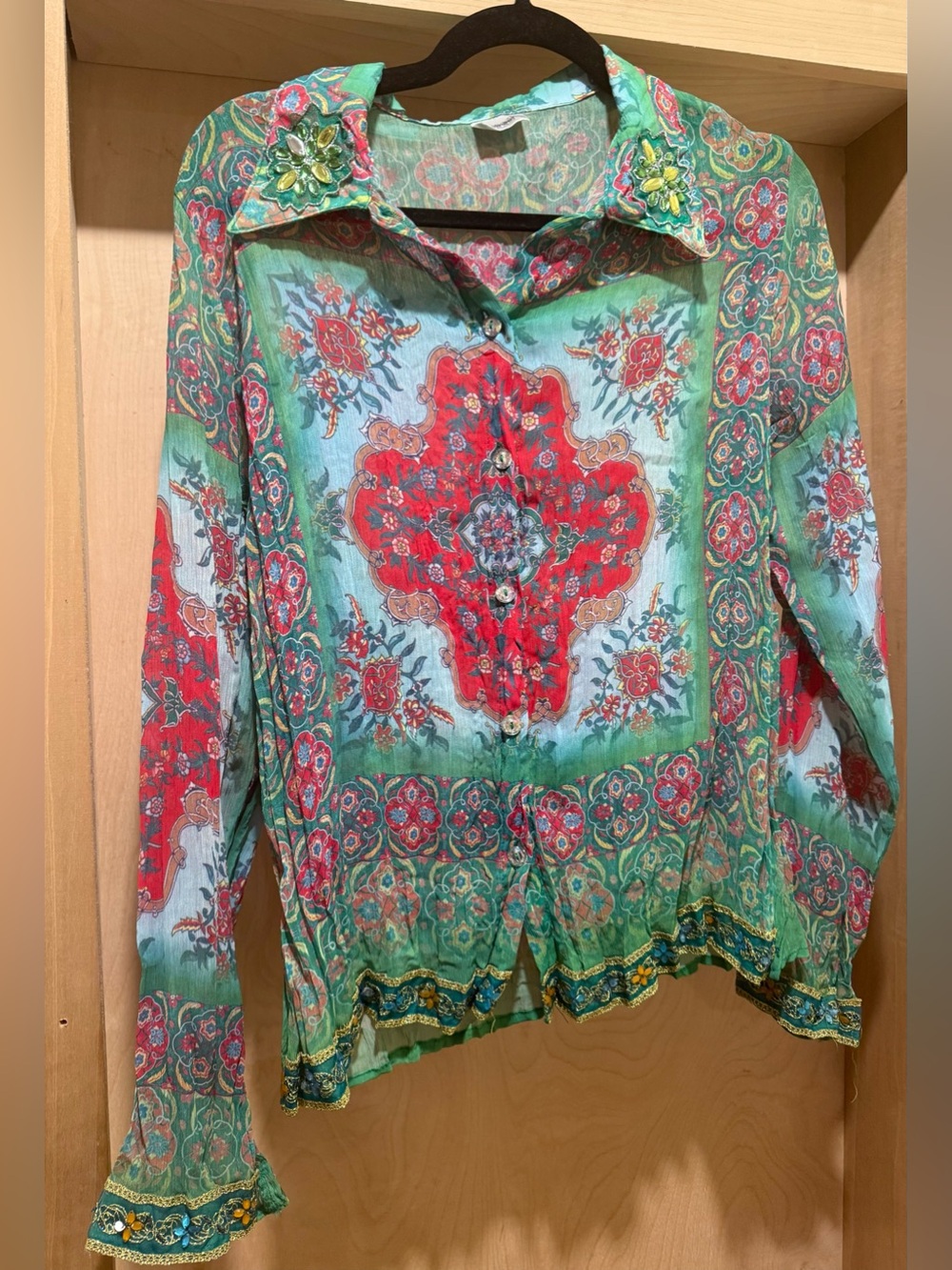 Vintage Love Amour Button Down Blouse With Embroidery and Rhinestone Details